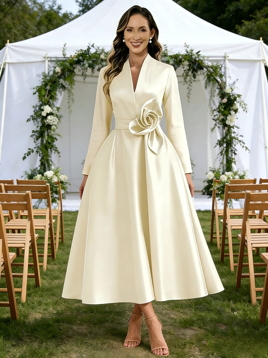 A-Line V-Neck Satin Tea-Length Mother of the Bride Dresses with Flower
