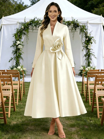 A-Line V-Neck Satin Tea-Length Mother of the Bride Dresses with Flower