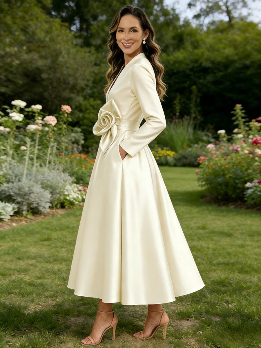 A-Line V-Neck Satin Tea-Length Mother of the Bride Dresses with Flower