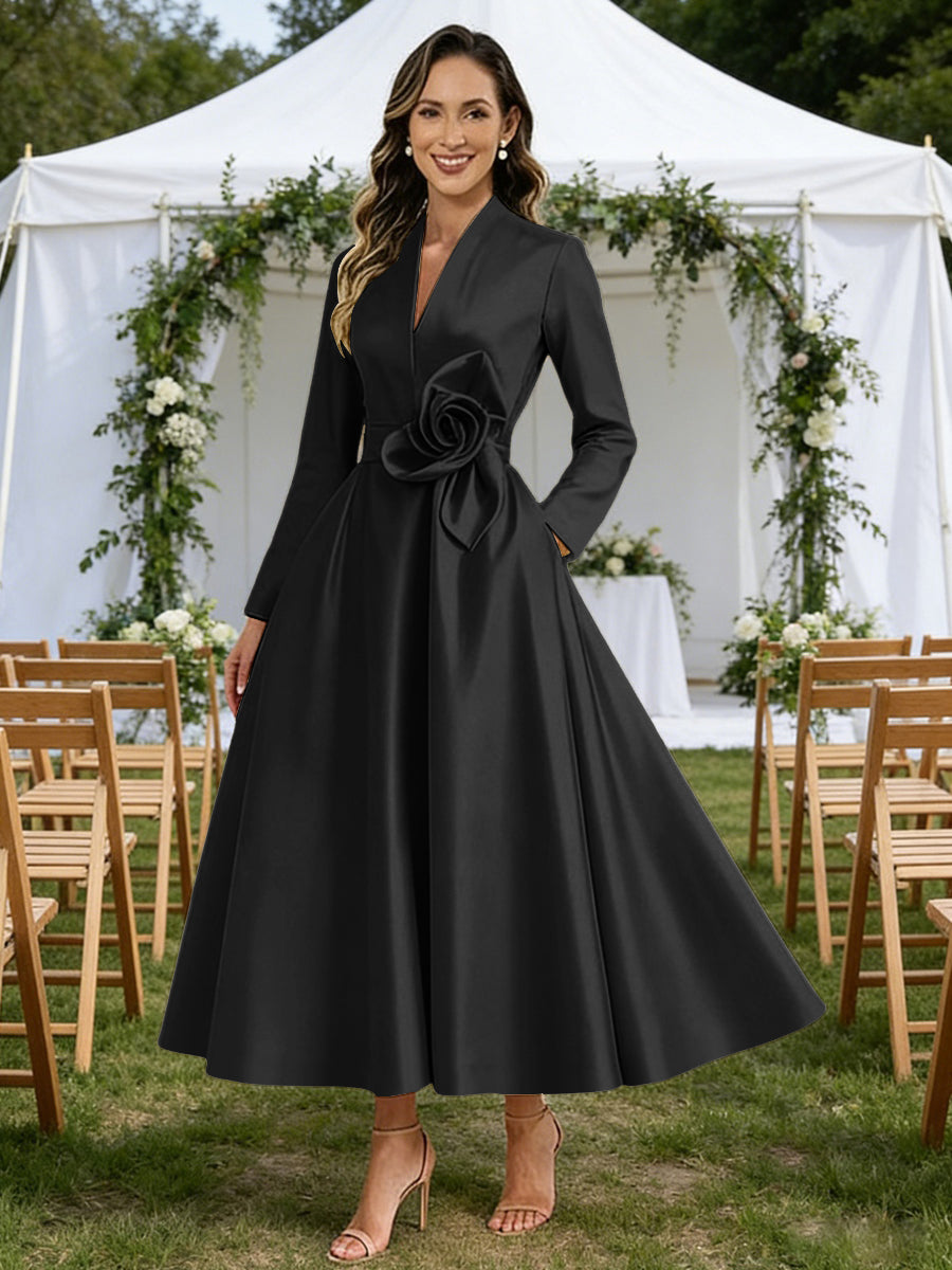 A-Line V-Neck Satin Tea-Length Mother of the Bride Dresses with Flower