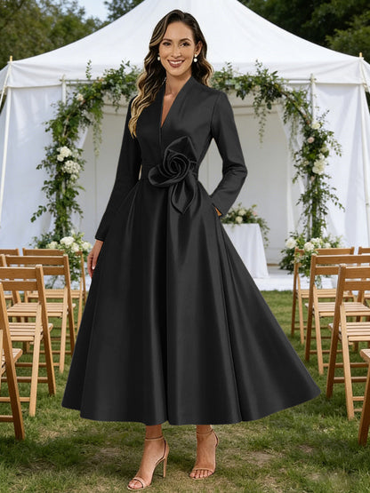 A-Line V-Neck Satin Tea-Length Mother of the Bride Dresses with Flower
