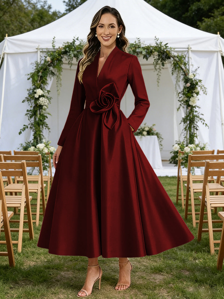 A-Line V-Neck Satin Tea-Length Mother of the Bride Dresses with Flower