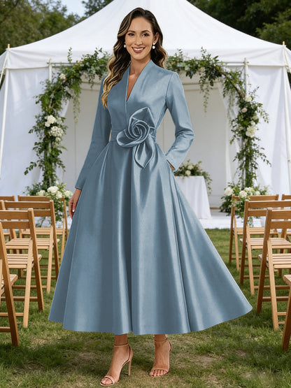 A-Line V-Neck Satin Tea-Length Mother of the Bride Dresses with Flower