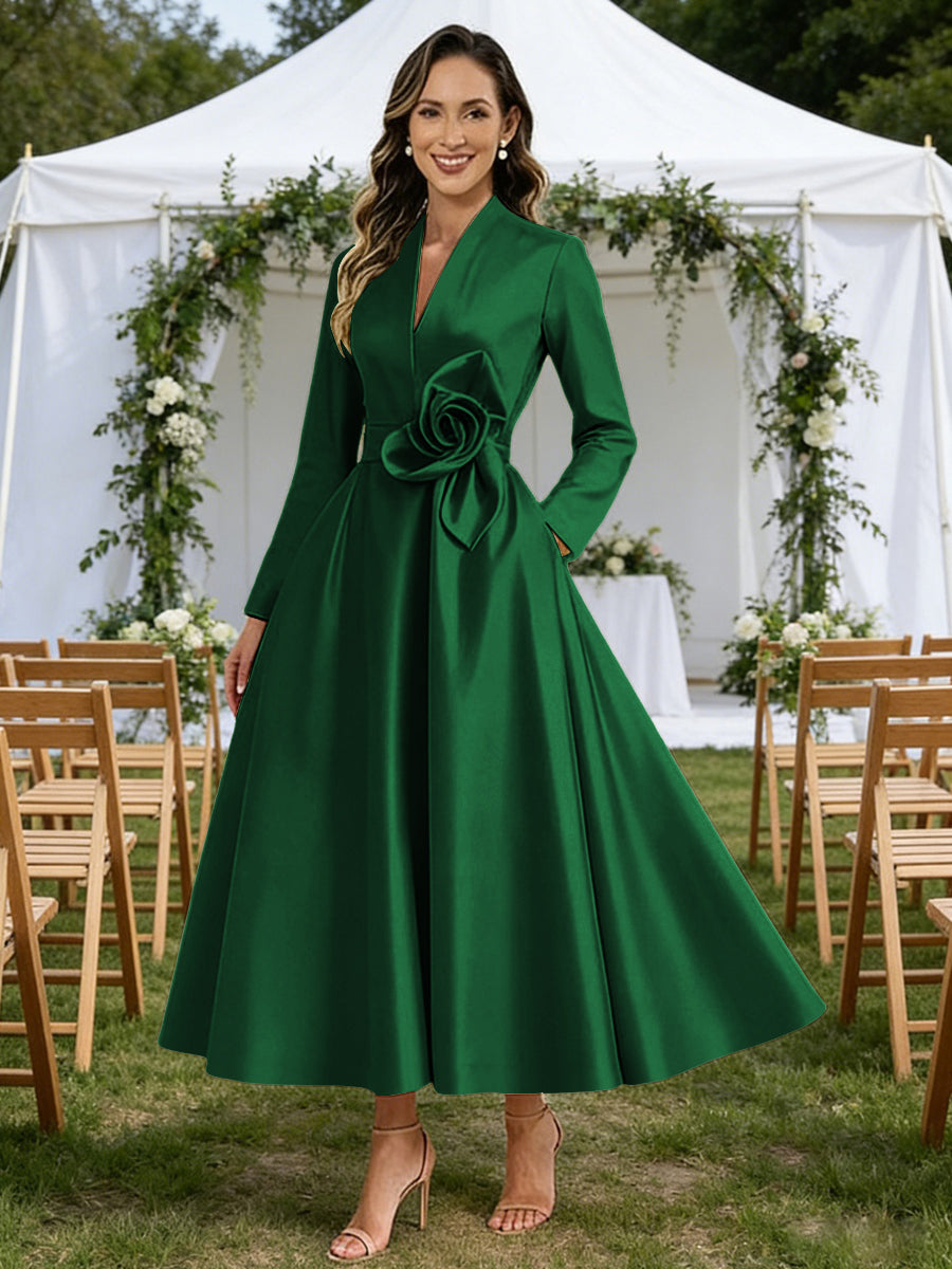A-Line V-Neck Satin Tea-Length Mother of the Bride Dresses with Flower
