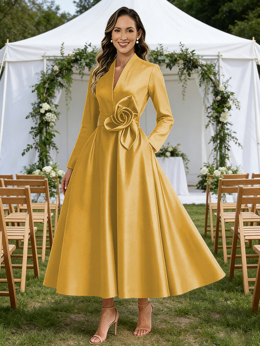 A-Line V-Neck Satin Tea-Length Mother of the Bride Dresses with Flower