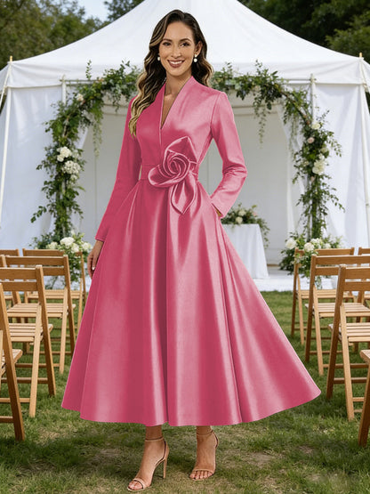 A-Line V-Neck Satin Tea-Length Mother of the Bride Dresses with Flower