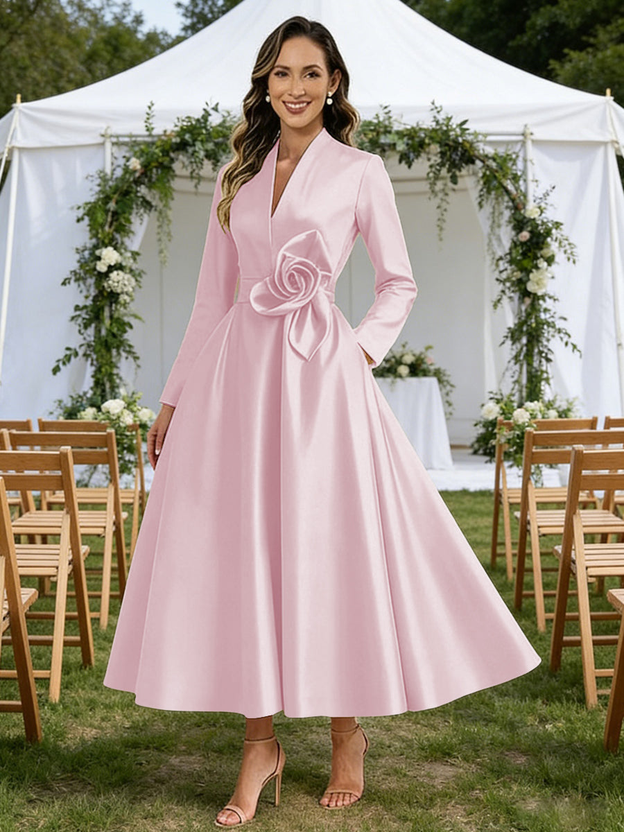 A-Line V-Neck Satin Tea-Length Mother of the Bride Dresses with Flower