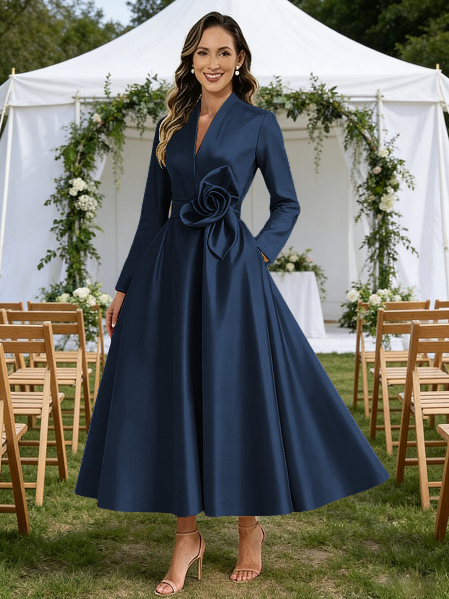 A-Line V-Neck Satin Tea-Length Mother of the Bride Dresses with Flower