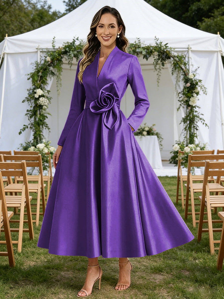 A-Line V-Neck Satin Tea-Length Mother of the Bride Dresses with Flower