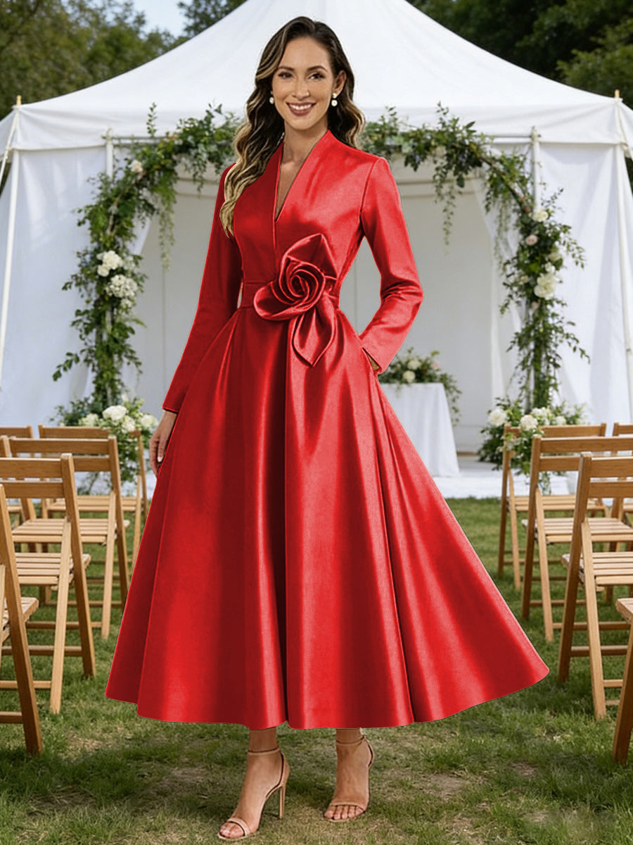 A-Line V-Neck Satin Tea-Length Mother of the Bride Dresses with Flower