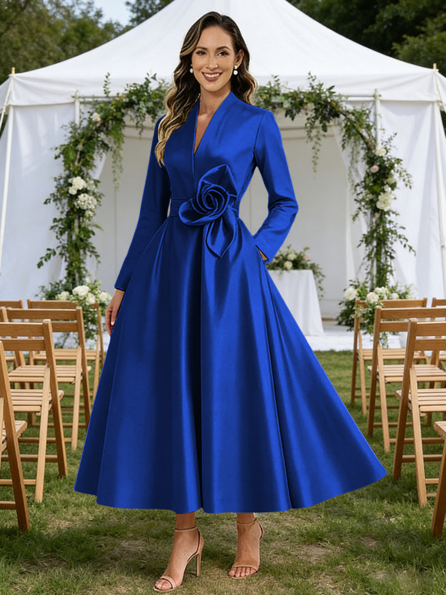 A-Line V-Neck Satin Tea-Length Mother of the Bride Dresses with Flower