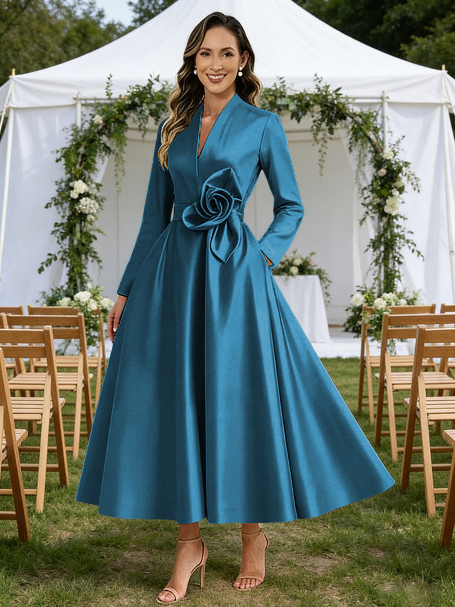 A-Line V-Neck Satin Tea-Length Mother of the Bride Dresses with Flower