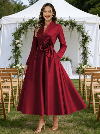 A-Line V-Neck Satin Tea-Length Mother of the Bride Dresses with Flower