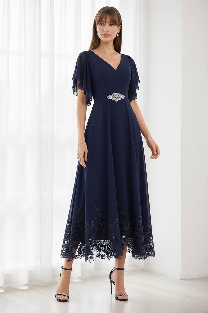 A-Line V-Neck Flying Sleeves Tea-Length Mother of the Bride Dress