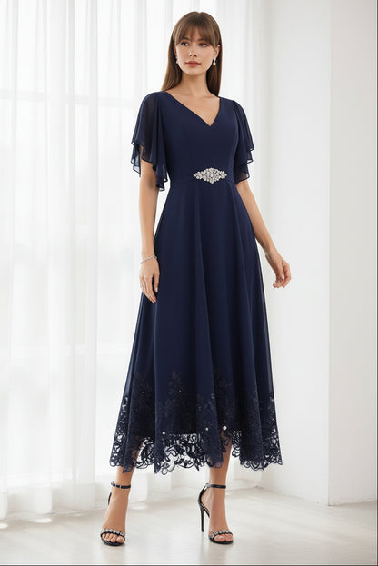 A-Line V-Neck Flying Sleeves Tea-Length Mother of the Bride Dress