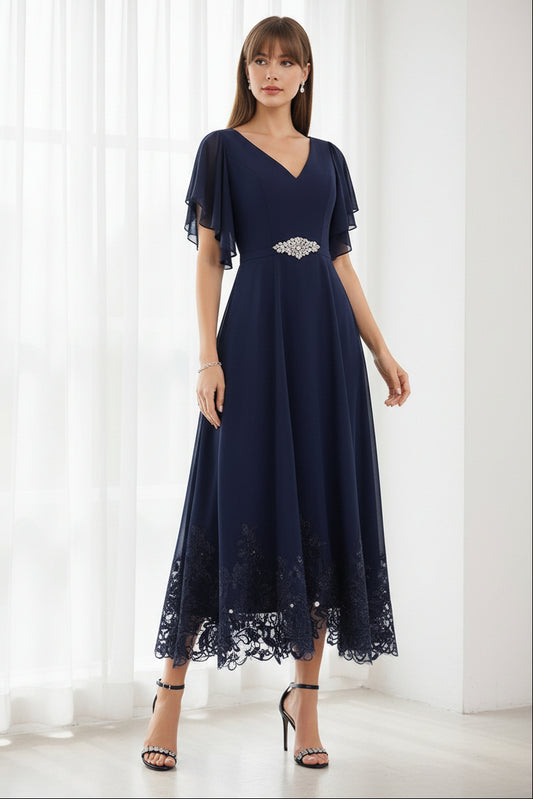 A-Line V-Neck Flying Sleeves Tea-Length Mother of the Bride Dress