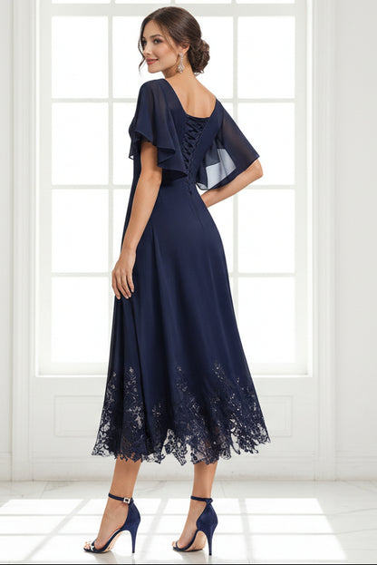 A-Line V-Neck Flying Sleeves Tea-Length Mother of the Bride Dress