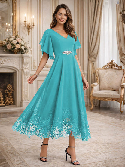 A-Line V-Neck Flying Sleeves Tea-Length Mother of the Bride Dress