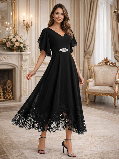 A-Line V-Neck Flying Sleeves Tea-Length Mother of the Bride Dress