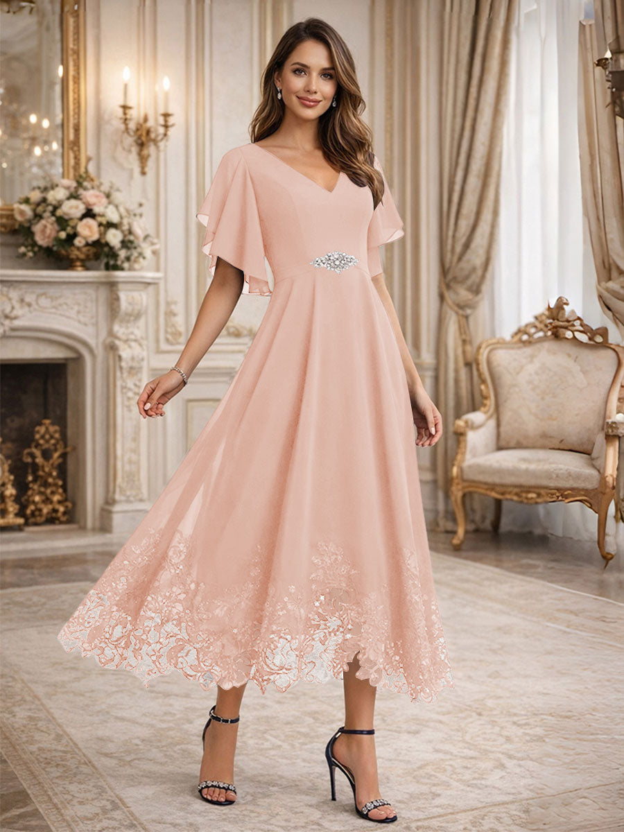 A-Line V-Neck Flying Sleeves Tea-Length Mother of the Bride Dress
