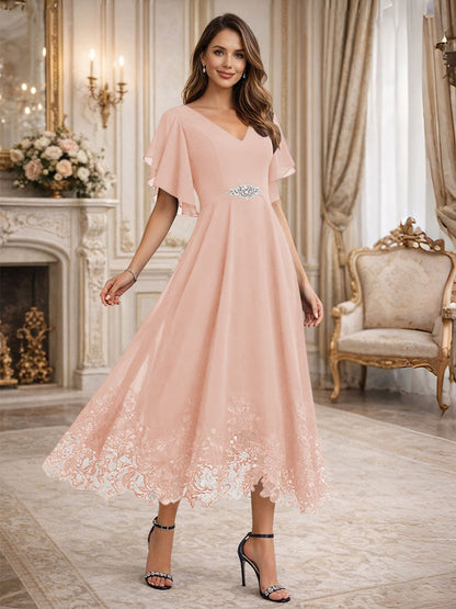 A-Line V-Neck Flying Sleeves Tea-Length Mother of the Bride Dress