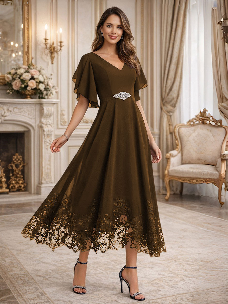 A-Line V-Neck Flying Sleeves Tea-Length Mother of the Bride Dress