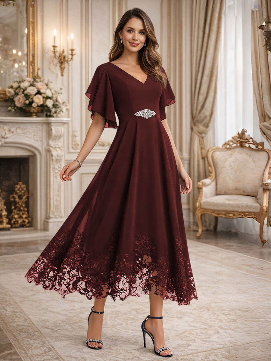 A-Line V-Neck Flying Sleeves Tea-Length Mother of the Bride Dress