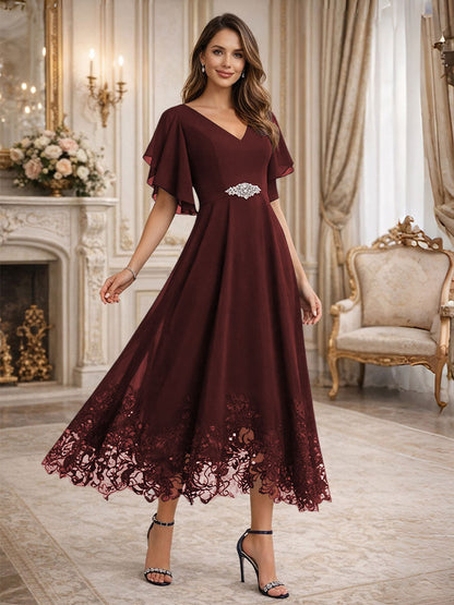 A-Line V-Neck Flying Sleeves Tea-Length Mother of the Bride Dress