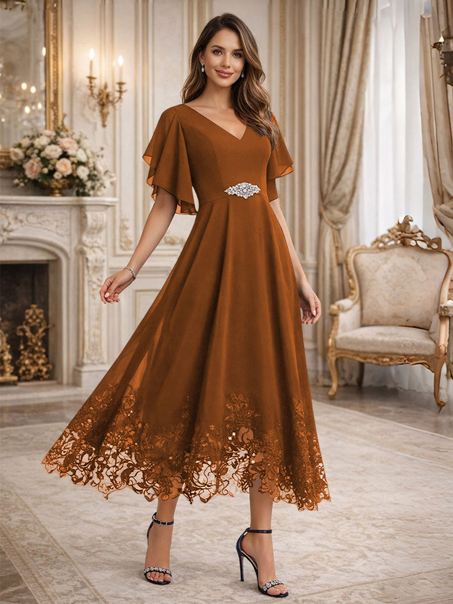 A-Line V-Neck Flying Sleeves Tea-Length Mother of the Bride Dress