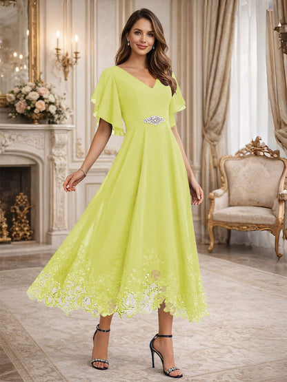 A-Line V-Neck Flying Sleeves Tea-Length Mother of the Bride Dress