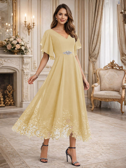 A-Line V-Neck Flying Sleeves Tea-Length Mother of the Bride Dress