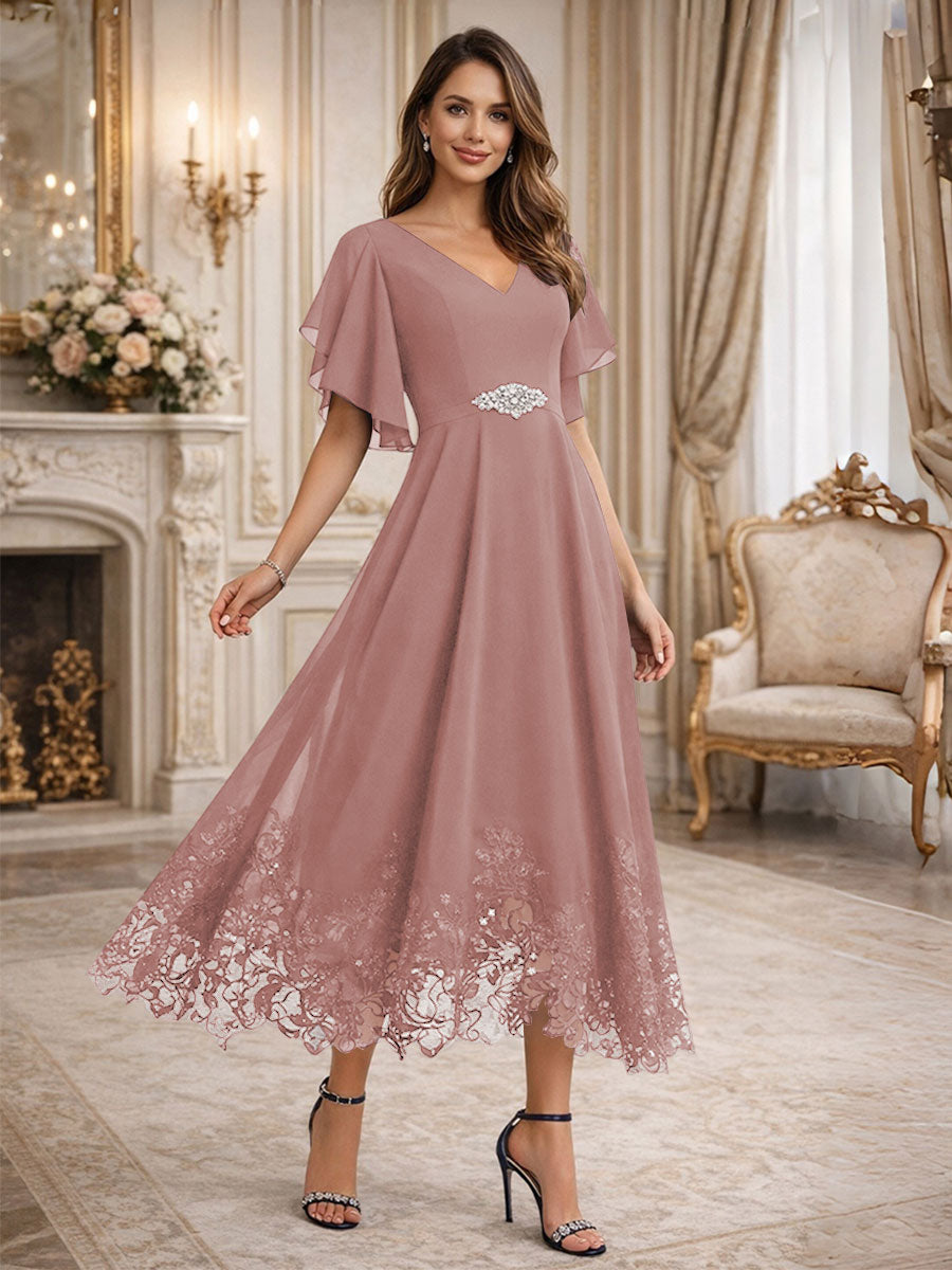 A-Line V-Neck Flying Sleeves Tea-Length Mother of the Bride Dress
