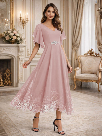A-Line V-Neck Flying Sleeves Tea-Length Mother of the Bride Dress