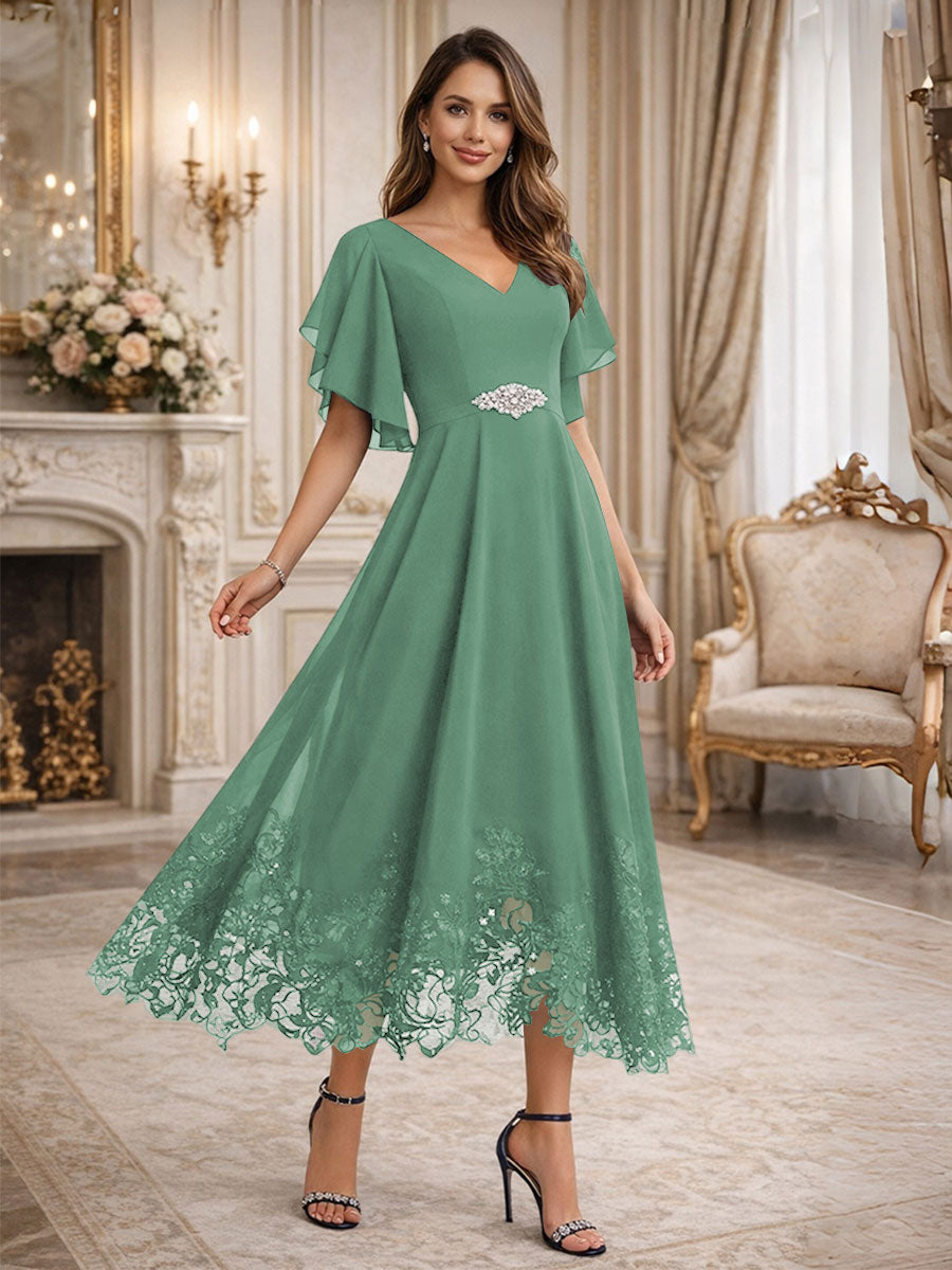 A-Line V-Neck Flying Sleeves Tea-Length Mother of the Bride Dress