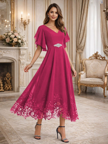 A-Line V-Neck Flying Sleeves Tea-Length Mother of the Bride Dress