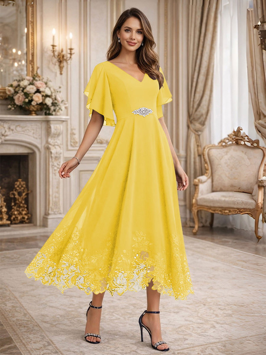A-Line V-Neck Flying Sleeves Tea-Length Mother of the Bride Dress