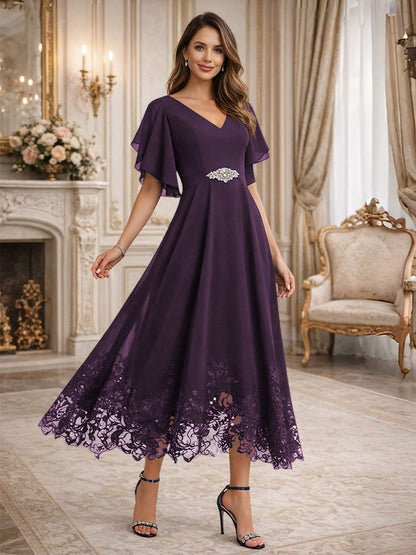 A-Line V-Neck Flying Sleeves Tea-Length Mother of the Bride Dress