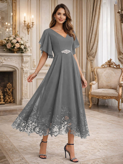 A-Line V-Neck Flying Sleeves Tea-Length Mother of the Bride Dress