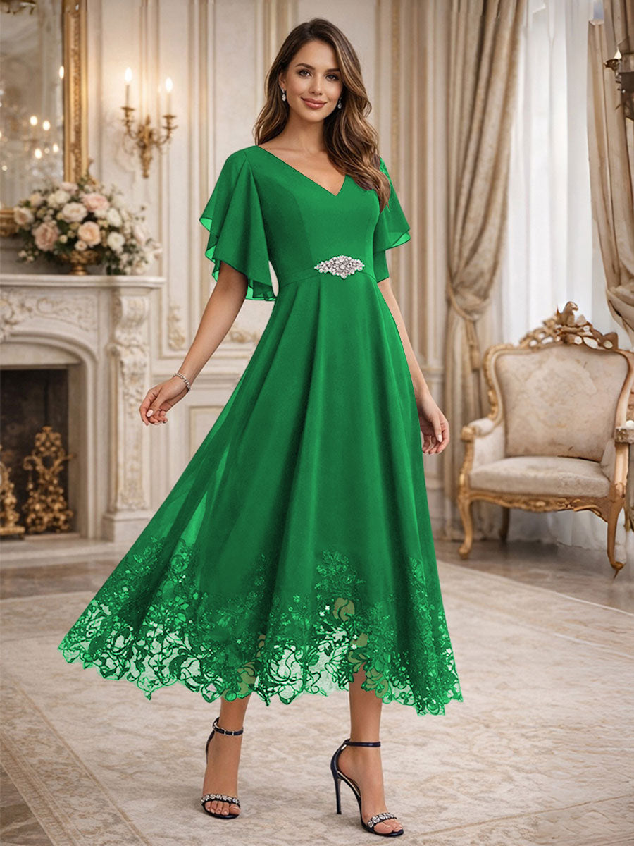 A-Line V-Neck Flying Sleeves Tea-Length Mother of the Bride Dress