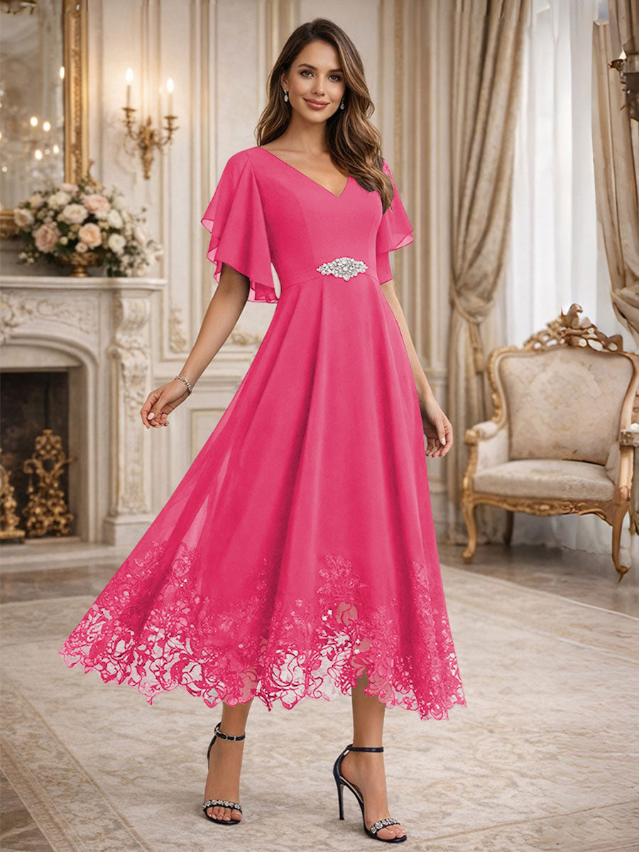 A-Line V-Neck Flying Sleeves Tea-Length Mother of the Bride Dress
