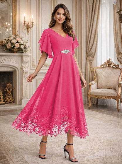 A-Line V-Neck Flying Sleeves Tea-Length Mother of the Bride Dress