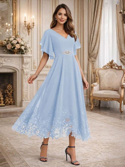 A-Line V-Neck Flying Sleeves Tea-Length Mother of the Bride Dress