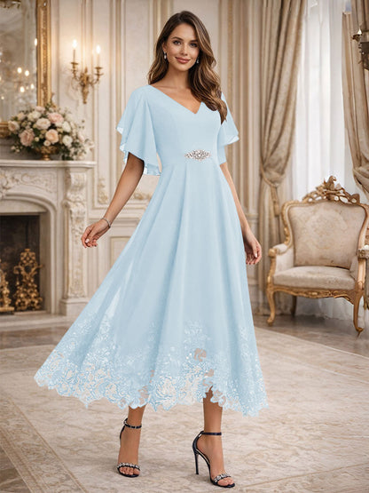 A-Line V-Neck Flying Sleeves Tea-Length Mother of the Bride Dress