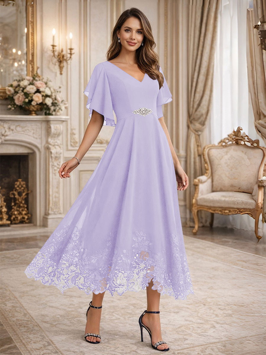 A-Line V-Neck Flying Sleeves Tea-Length Mother of the Bride Dress