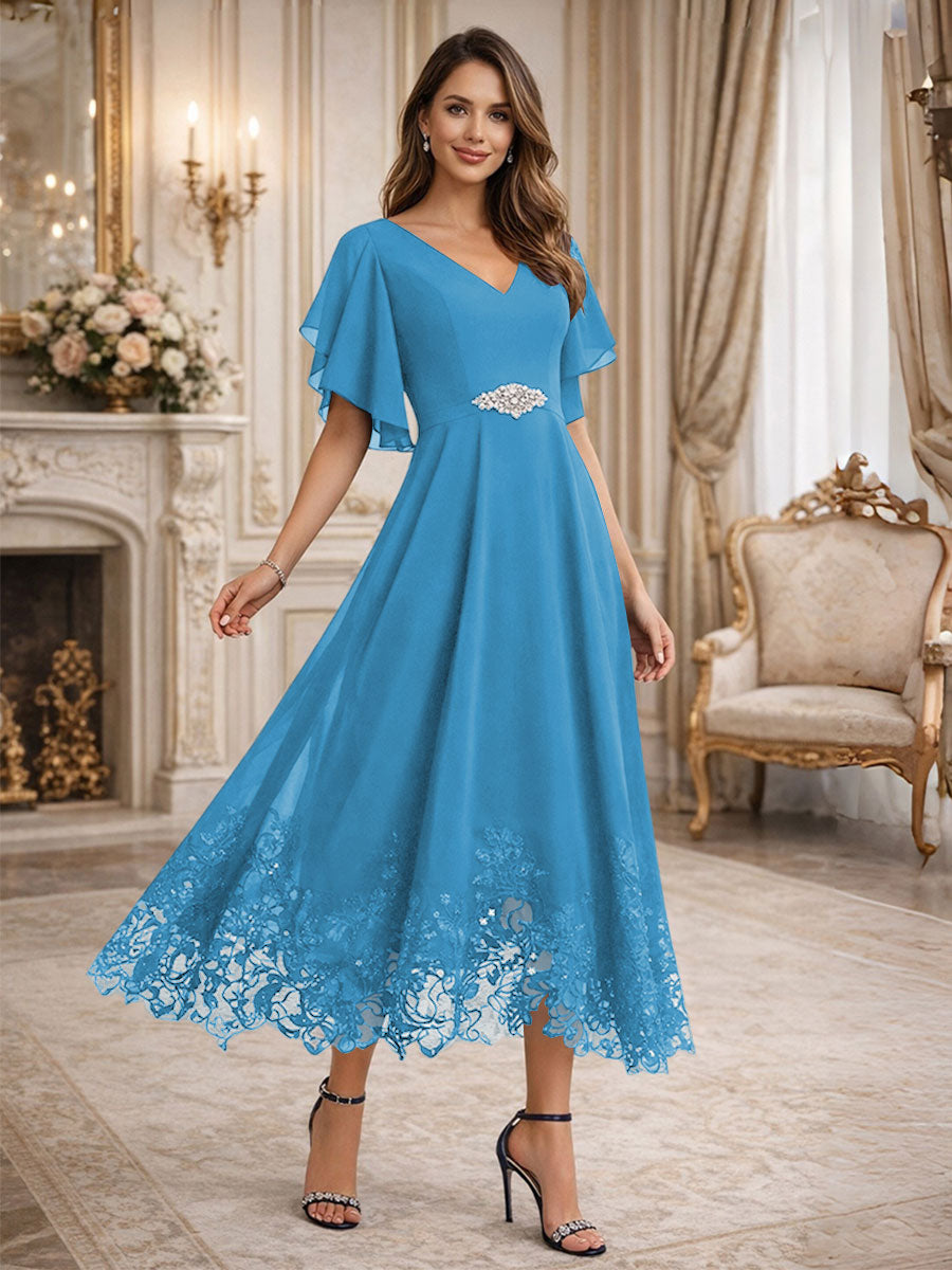 A-Line V-Neck Flying Sleeves Tea-Length Mother of the Bride Dress