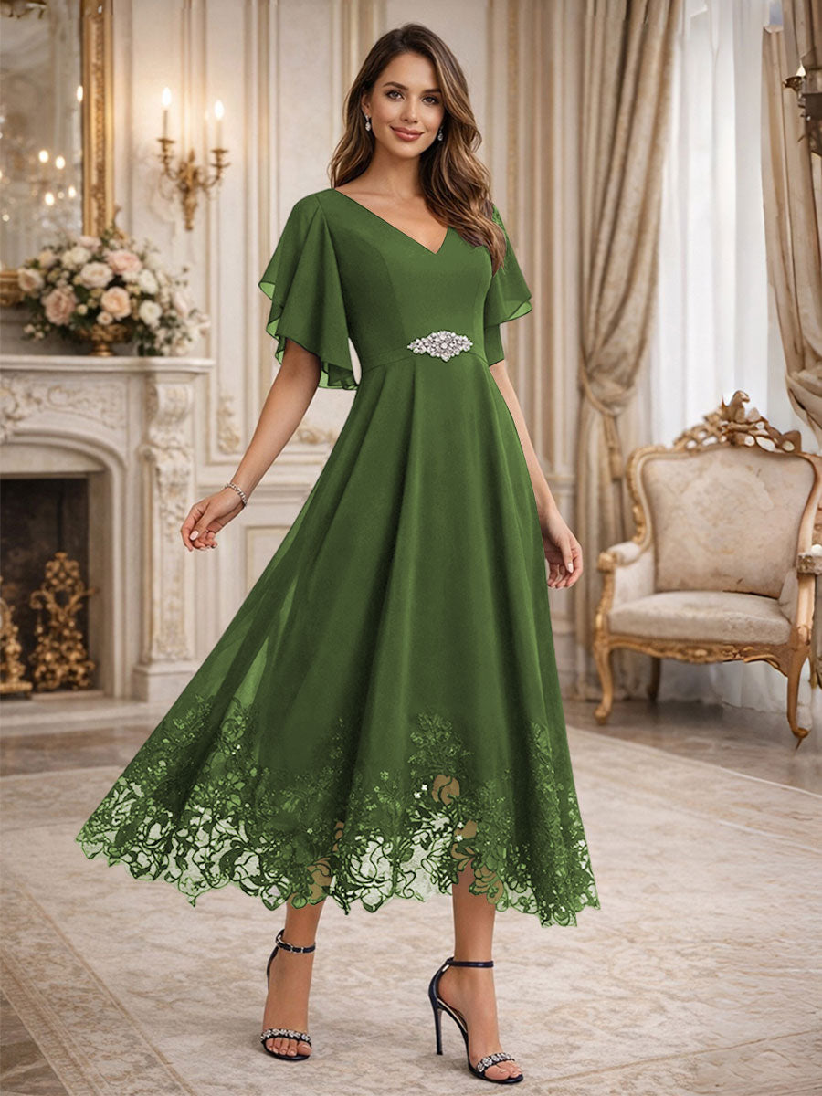 A-Line V-Neck Flying Sleeves Tea-Length Mother of the Bride Dress