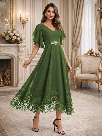 A-Line V-Neck Flying Sleeves Tea-Length Mother of the Bride Dress