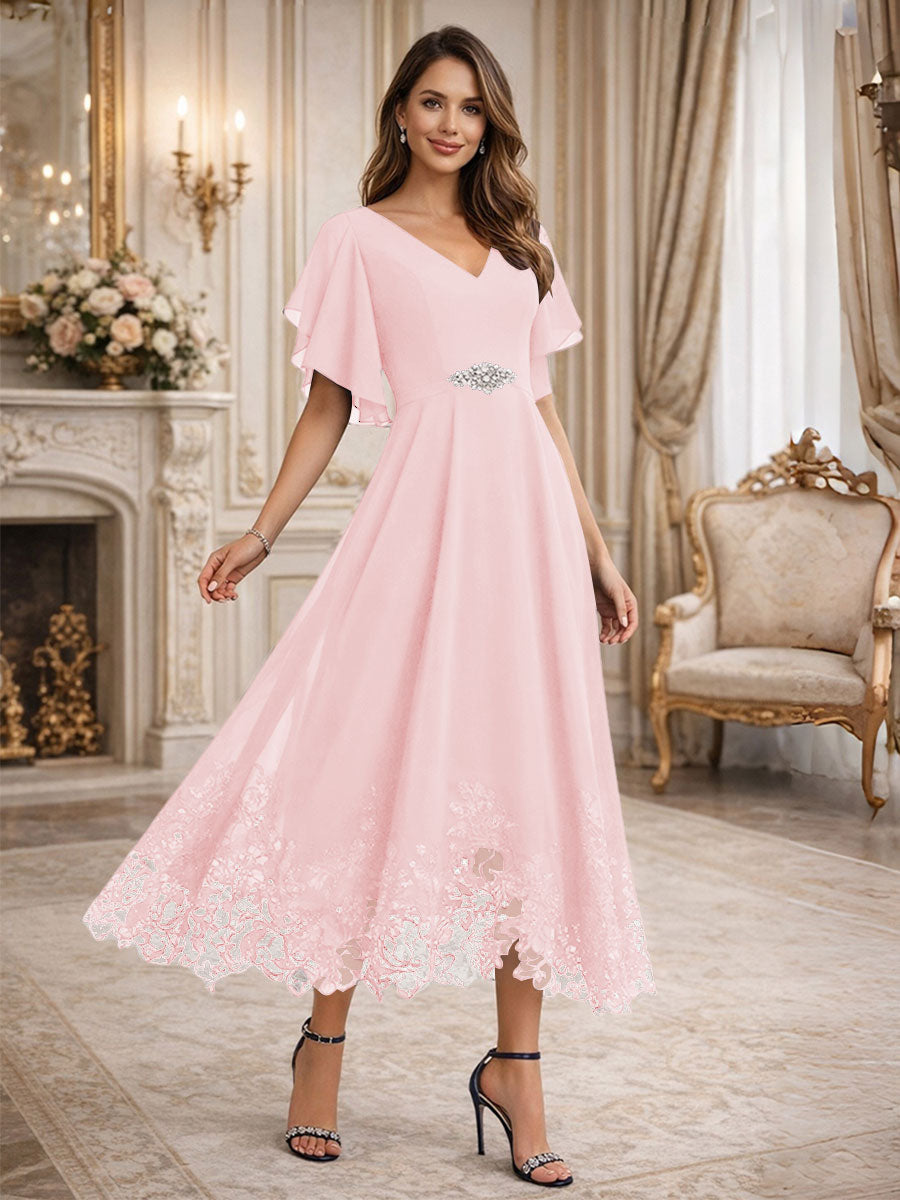 A-Line V-Neck Flying Sleeves Tea-Length Mother of the Bride Dress