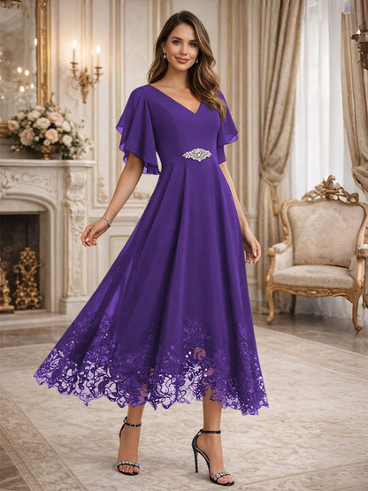 A-Line V-Neck Flying Sleeves Tea-Length Mother of the Bride Dress