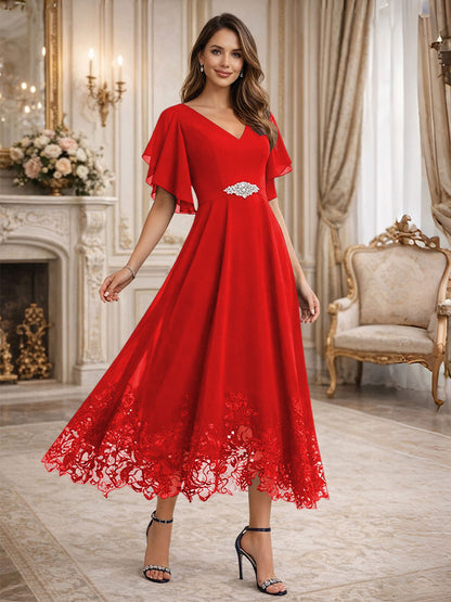 A-Line V-Neck Flying Sleeves Tea-Length Mother of the Bride Dress
